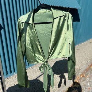 green crop blouse with tie front